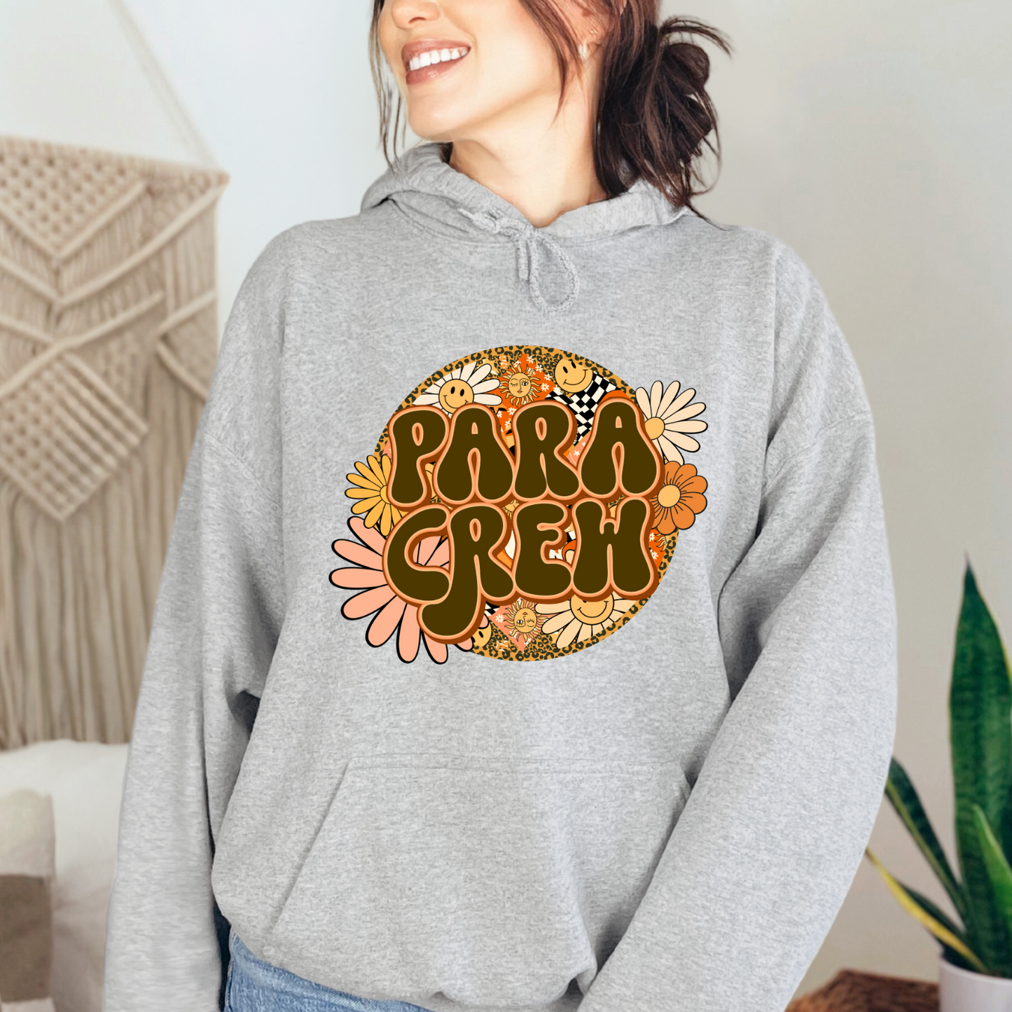 Rock Your Para Crew Pride: Floral Retro Pull-Over Hoodie for Autism Paraprofessionals