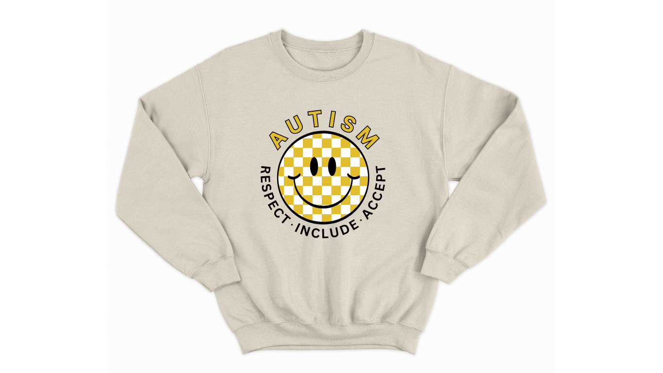 Autism Acceptance Sweatshirt with Checkered Smiley Face