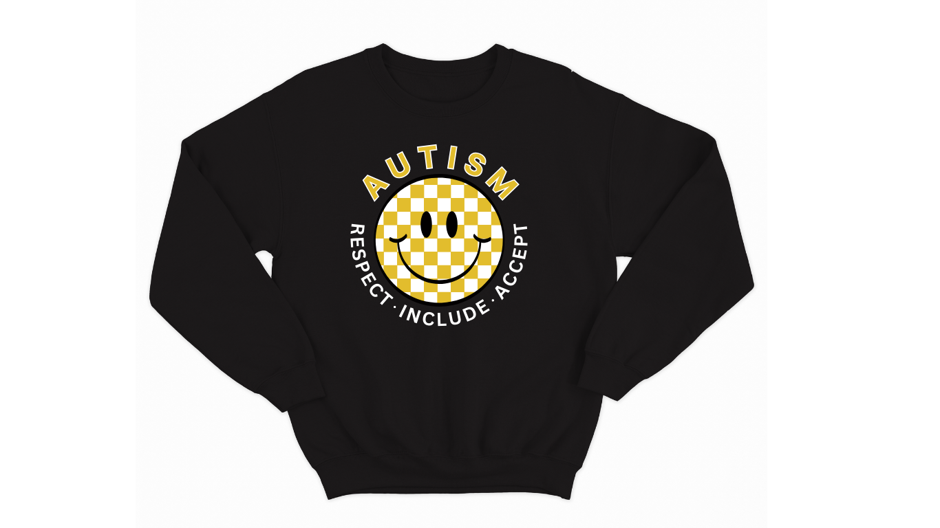 Autism Acceptance Sweatshirt with Checkered Smiley Face