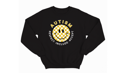 Autism Acceptance Sweatshirt with Checkered Smiley Face