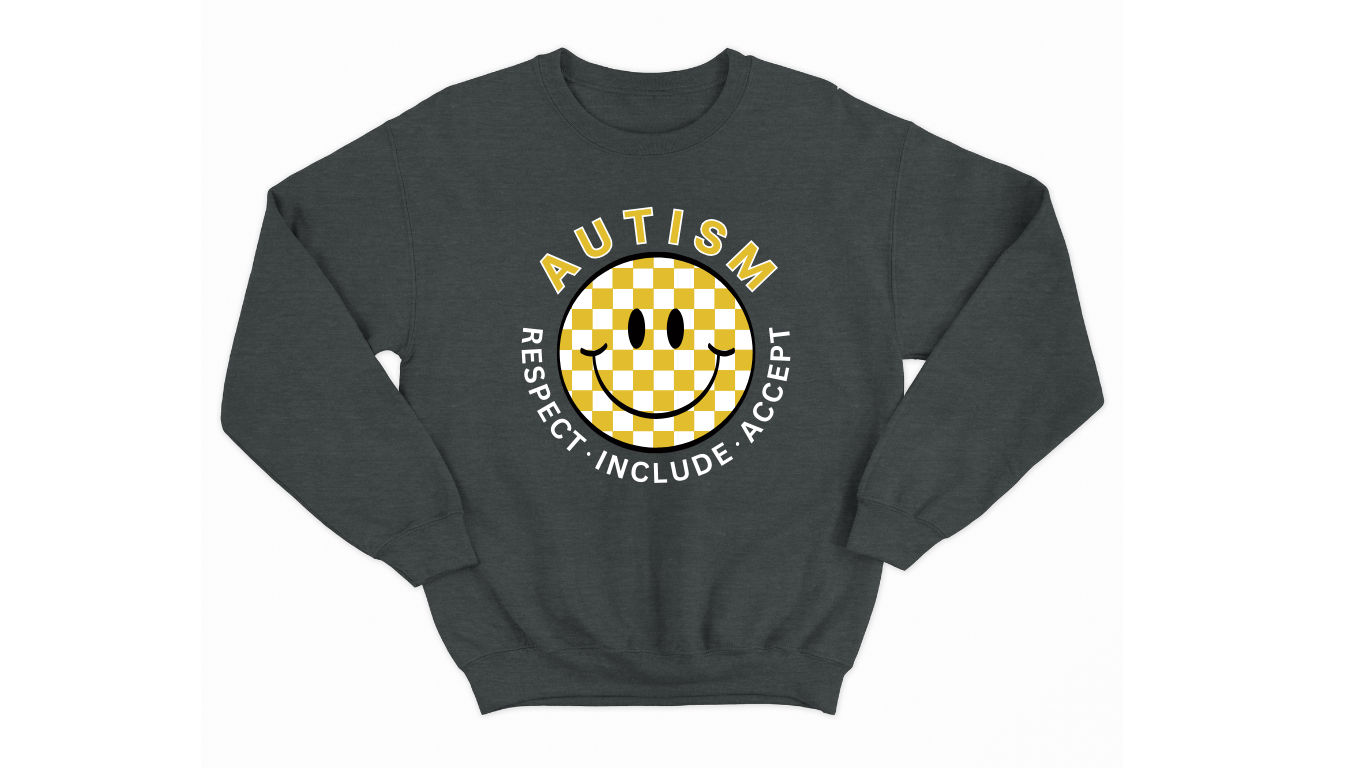 Autism Acceptance Sweatshirt with Checkered Smiley Face