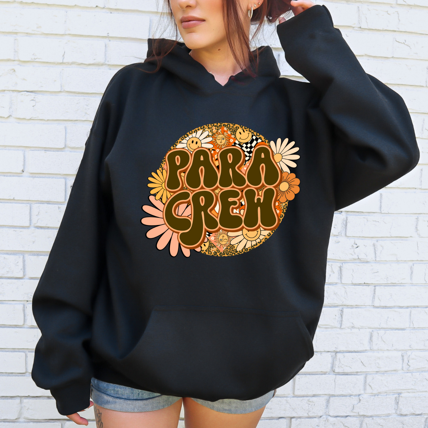 Rock Your Para Crew Pride: Floral Retro Pull-Over Hoodie for Autism Paraprofessionals