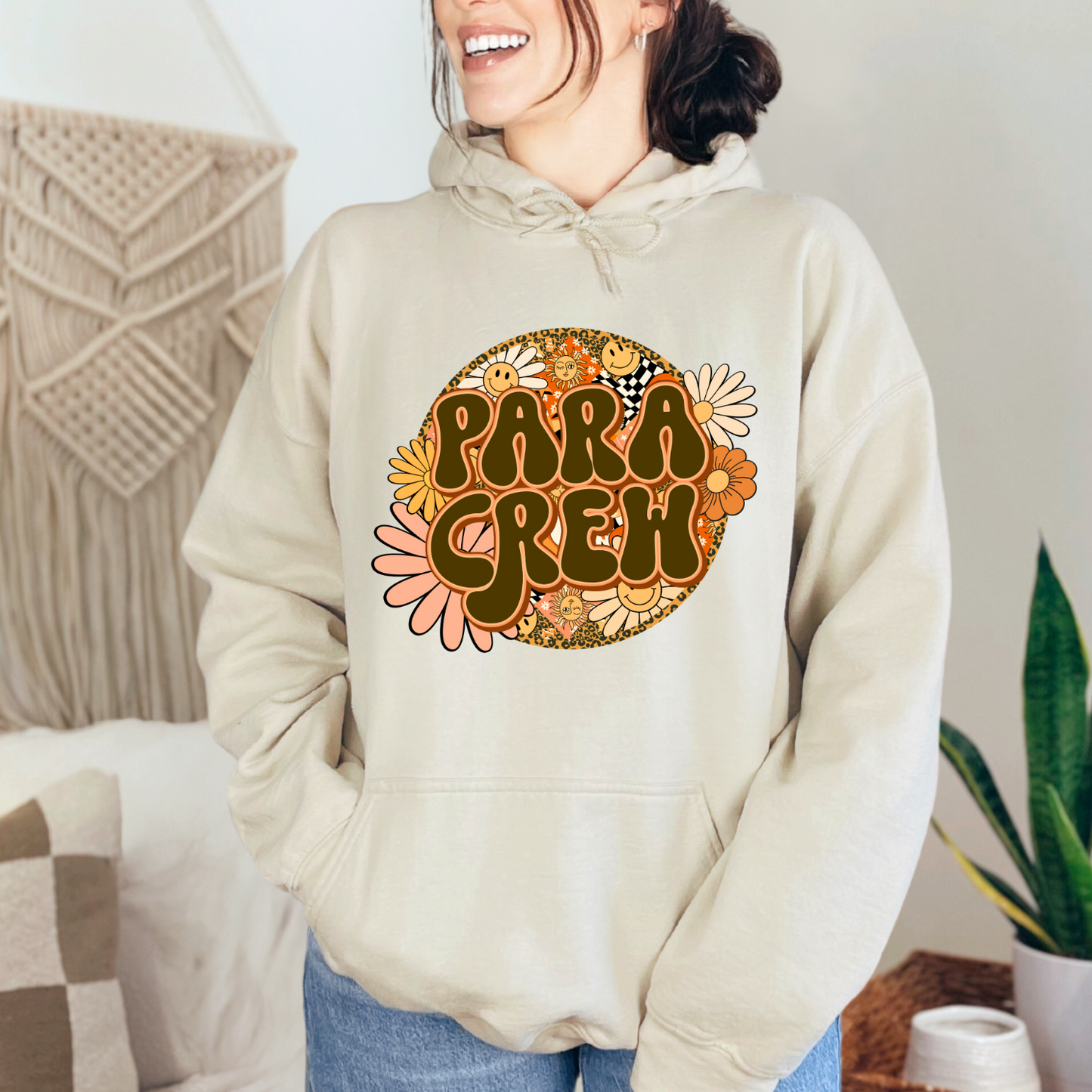 Rock Your Para Crew Pride: Floral Retro Pull-Over Hoodie for Autism Paraprofessionals