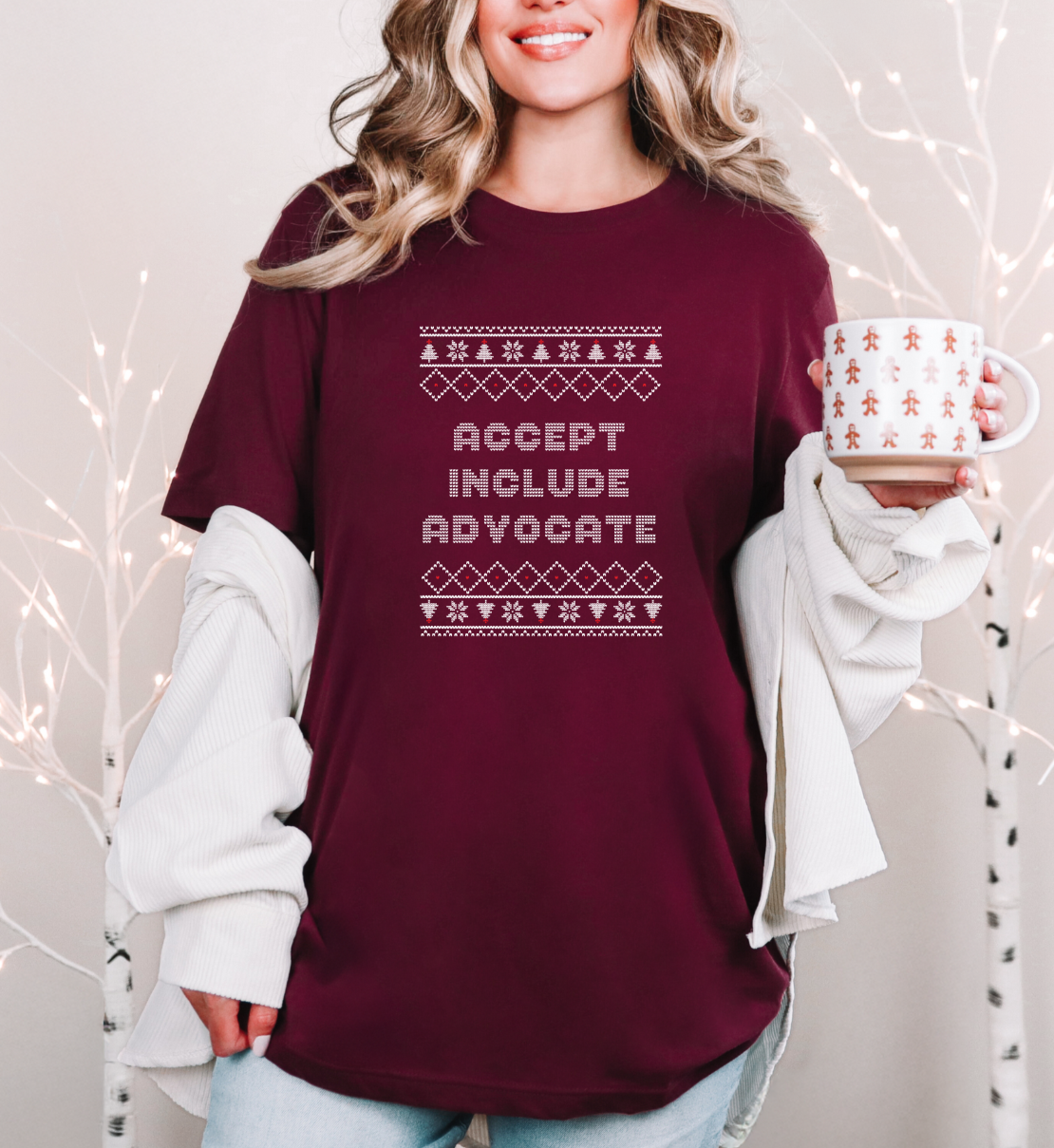 Accept Include Advocate Christmas Maroon T-Shirt