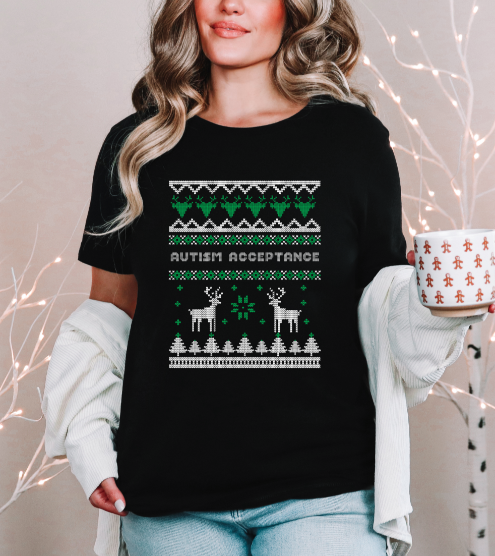 Autism Acceptance Christmas Reindeer Black T-Shirt