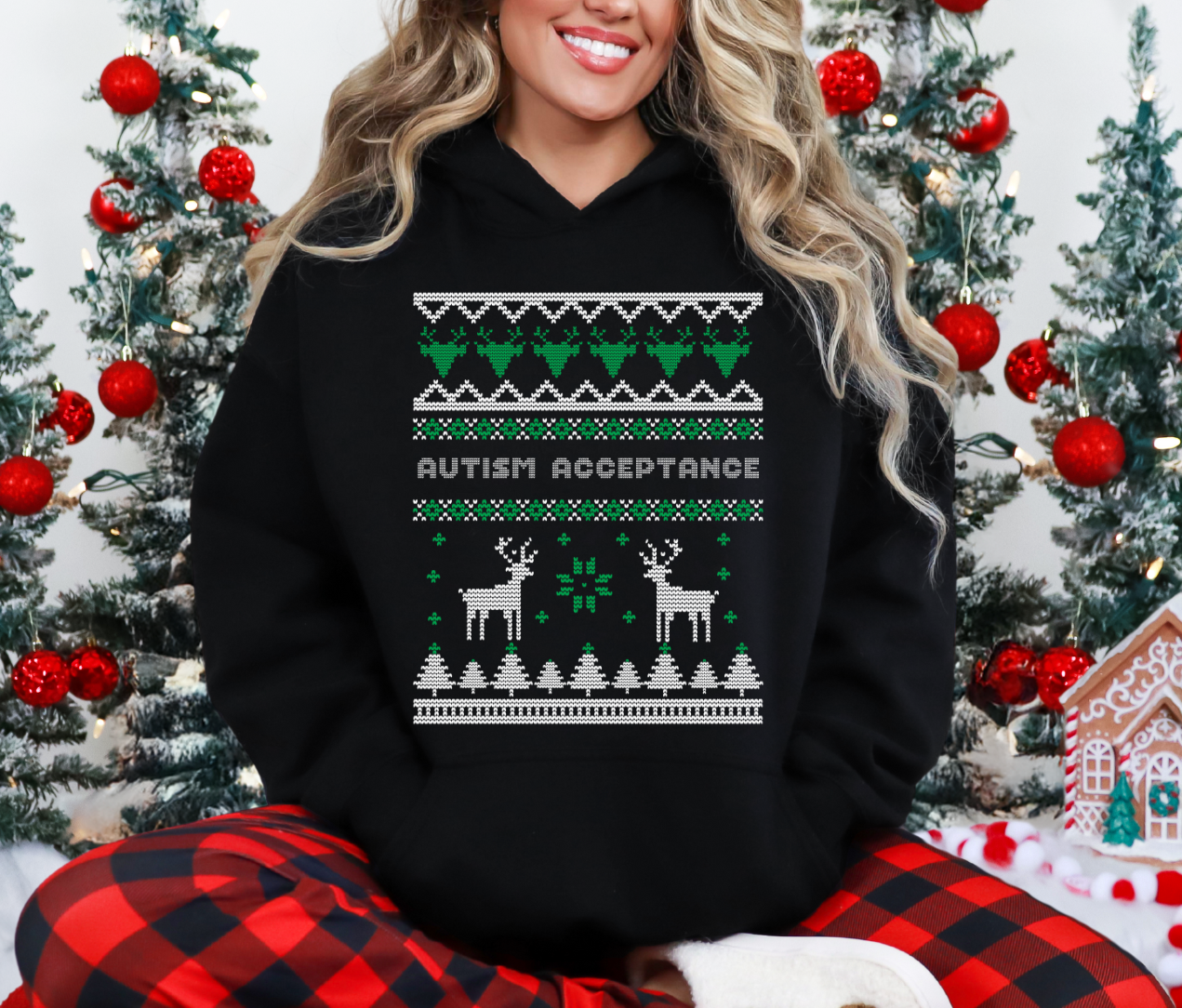 Autism Acceptance Christmas Sweater Reindeer Black Hoodie