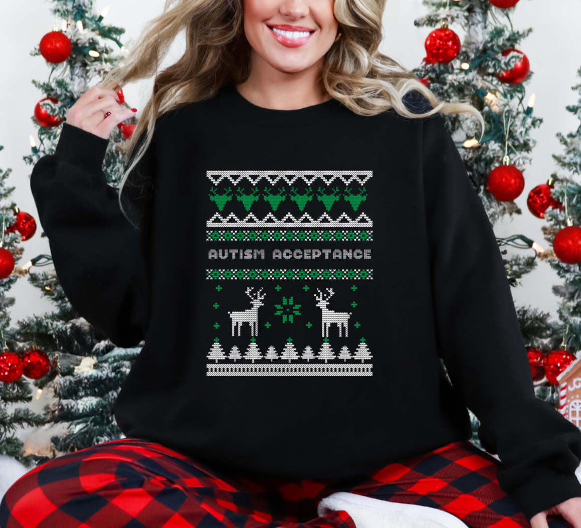 Autism Acceptance Christmas Sweater Reindeer Black Sweatshirt