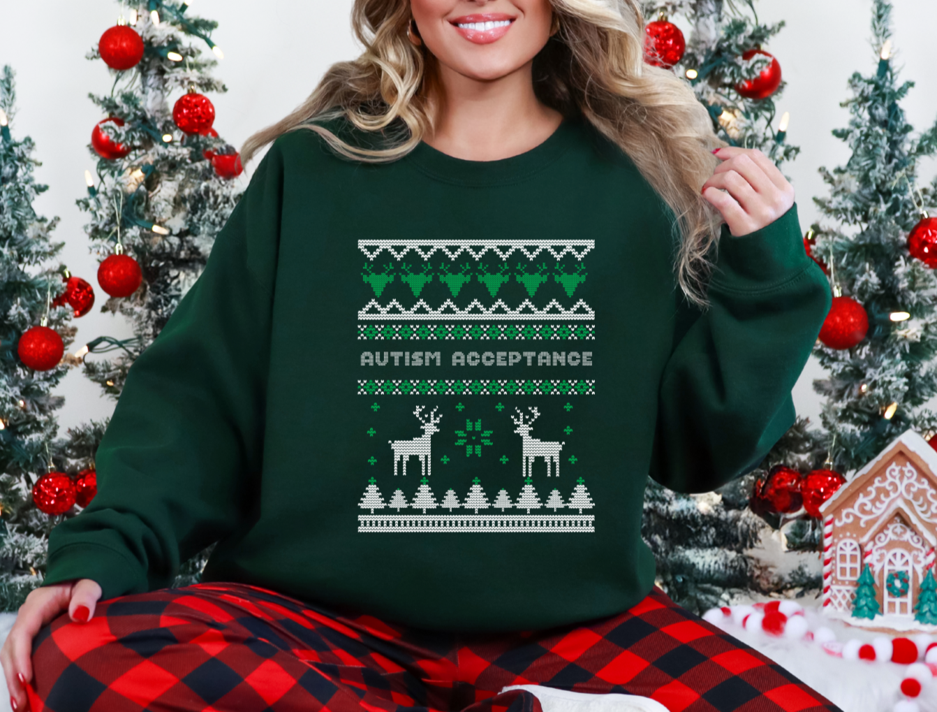 Autism Acceptance Christmas Sweater Reindeer Green Sweatshirt