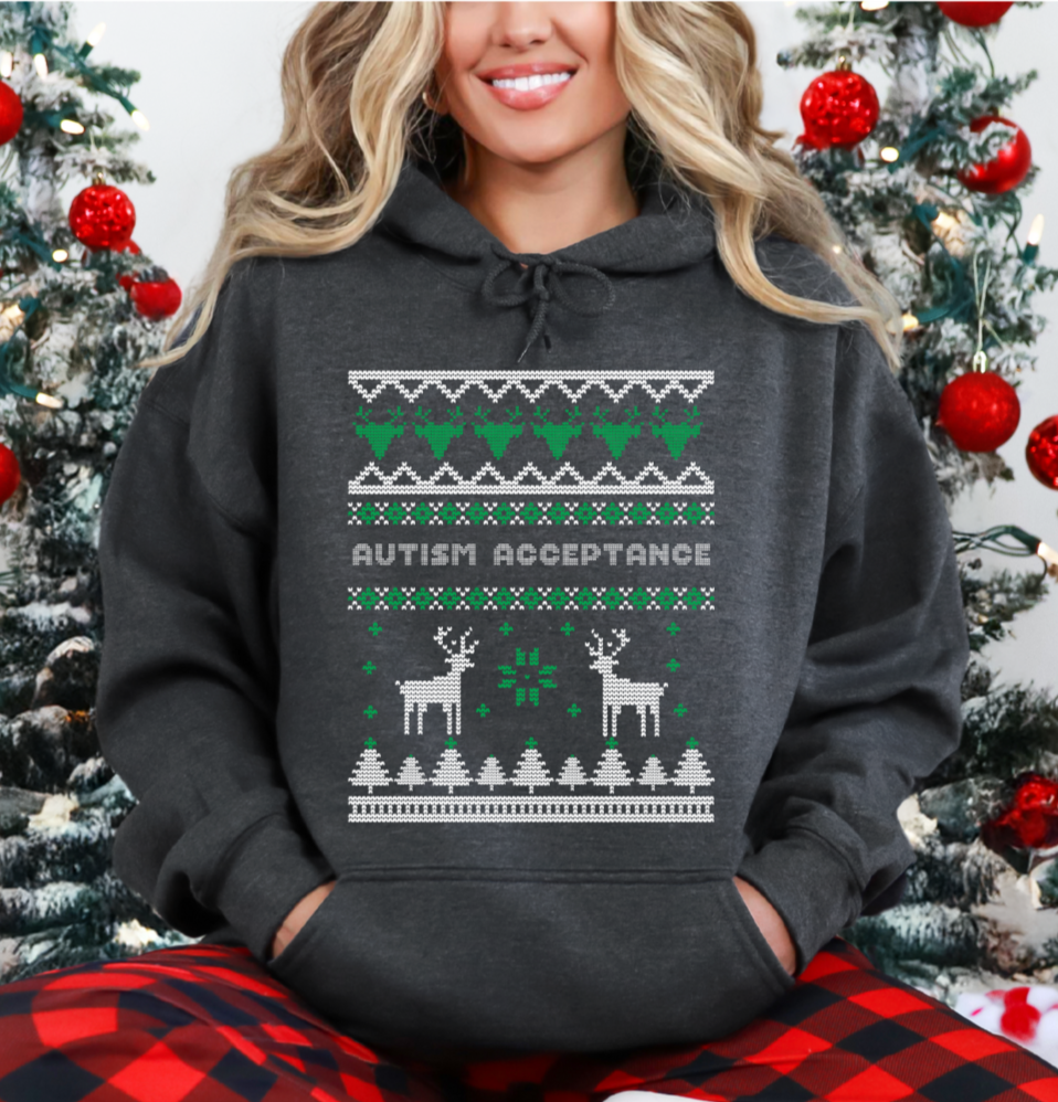 Autism Acceptance Christmas Sweater Reindeer Grey Hoodie