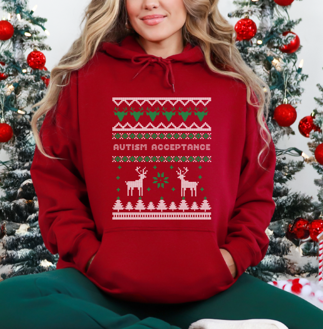 Autism Acceptance Christmas Sweater Reindeer Red Hoodie