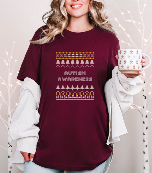 Autism Awareness Christmas Maroon T-Shirt