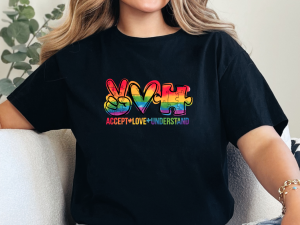 Peace Love Understand Autism Awareness Sweatshirt – Rainbow Puzzle Design