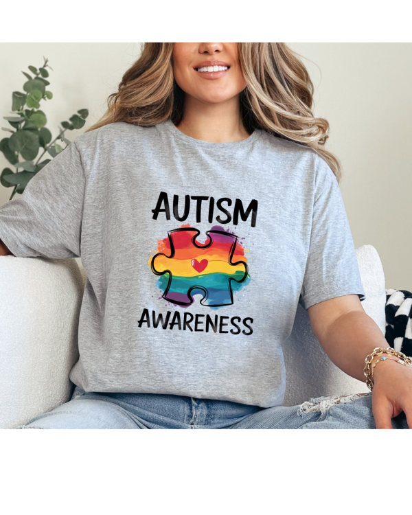Autism Awareness Rainbow Puzzle Piece with Heart Shirt Light Grey
