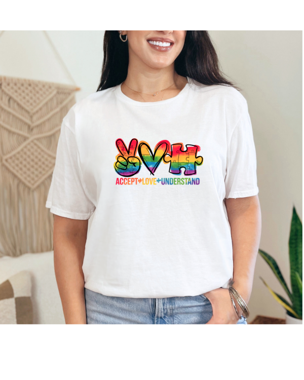 Peace, Love, Autism Awareness Rainbow Icons white
