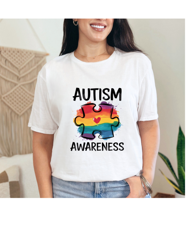 Autism Awareness Rainbow Puzzle Piece with Heart Shirt White