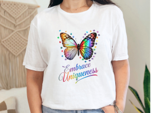 Embrace Uniqueness Autism Awareness Butterfly T-Shirt – Rainbow Puzzle Design