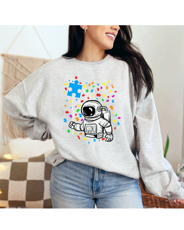 Astronaut Autism Puzzle Balloon Sweatshirt Heather White