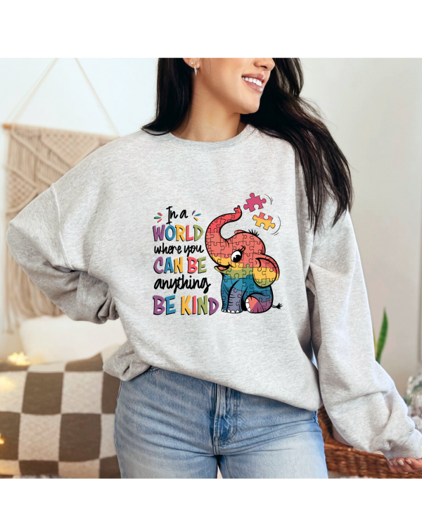 In a world where you can be anything be kind elephant sweatshirt light heather white