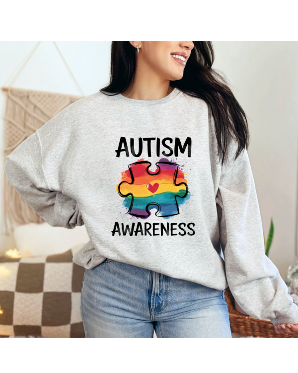 Autism Awareness Rainbow Puzzle Piece Heart Sweatshirt Heather White