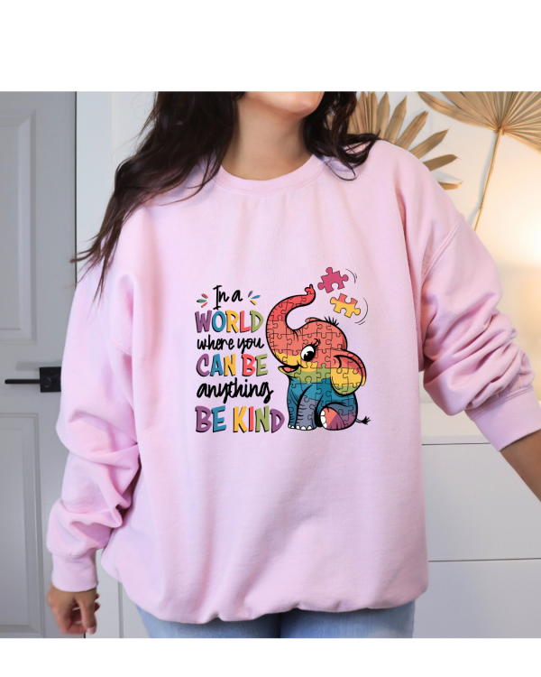 In a world where you can be anything be kind elephant sweatshirt light pink