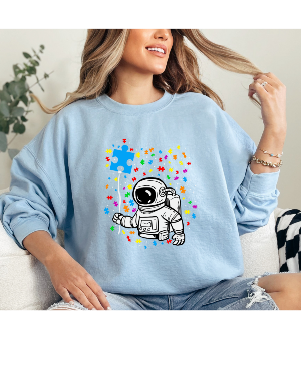 Astronaut Autism Puzzle Balloon Sweatshirt Light Blue