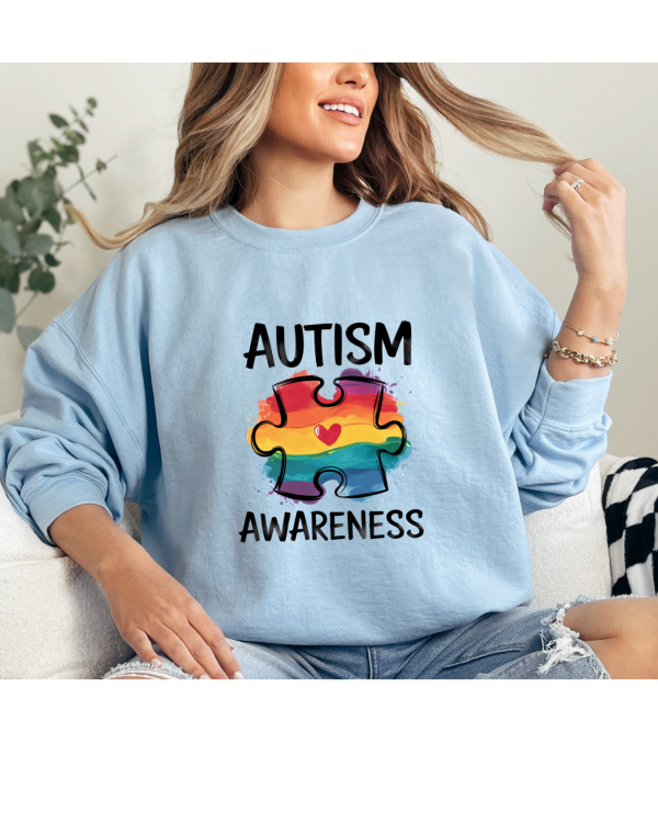 Autism Awareness Rainbow Puzzle Piece Heart Sweatshirt Light Blue