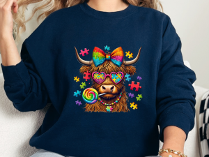 Autism Awareness Highland Cow Sweatshirt – Colorful Puzzle Piece Design