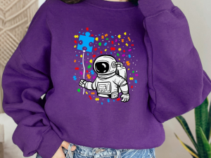 Autism Awareness Astronaut Sweatshirt – Puzzle Piece Balloon & Galaxy Design