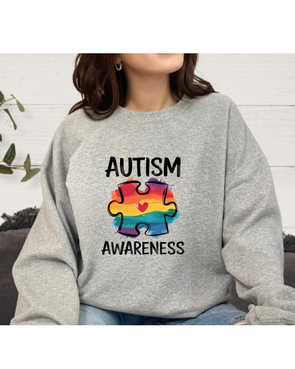 Autism Awareness Rainbow Puzzle Piece Heart Sweatshirt Light Grey