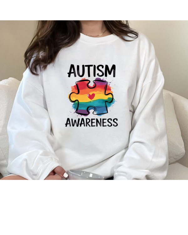 Autism Awareness Rainbow Puzzle Piece Heart Sweatshirt White