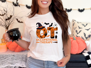 OT Halloween T‑Shirt – Occupational Therapy Pumpkin, Ghost & Bat Design, Sensory‑Friendly Autism Awareness Apparel