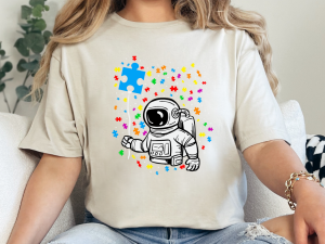 Autism Awareness Astronaut T-Shirt – Puzzle Piece Balloon & Galaxy Design