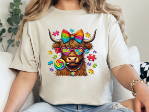 Autism Awareness Highland Cow T-Shirt – Colorful Puzzle Piece Design