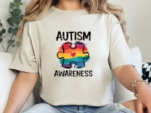Autism Awareness T-Shirt – Rainbow Puzzle Piece with Heart