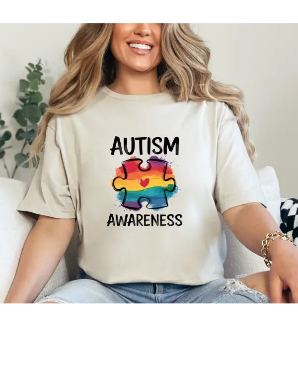 Autism Awareness Rainbow Puzzle Piece with Heart Shirt Sand