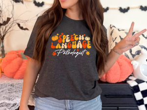 Cute Fall Shirt for SLPs – Autumn “Speech Language Pathologist” Tee with Pumpkin & Leaf Design